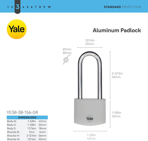 Yale 2.2 Inch Long Shackle Covered Aluminum Lock with 3 Keyed Alike Keys for Gym Locker, Fence, Toolbox, Storage (Grey)