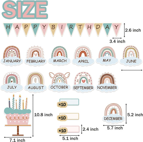 Boho Bulletin Board Decorations Set, Rainbow Birthday Chart Cutouts for School Bulletin Calendar