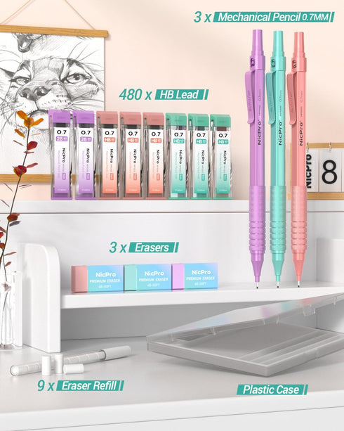 Nicpro 0.7 mm Mechanical Pencils Set with Case, 3PCS Metal Drafting Pencil, Pastel Mechanical Pencils 0.7 With 480 PCS HB Pencil Leads, 3 Erasers,9 Eraser Refills For Girl Writing, Sketching Drawing by Nicpro