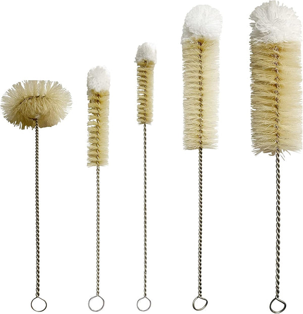 Stainless Steel Soda Bottle Cleaning Brush Set, Natural Boar Bristle Wool Tip, Long Handle for Narrow Neck Bottles (5)