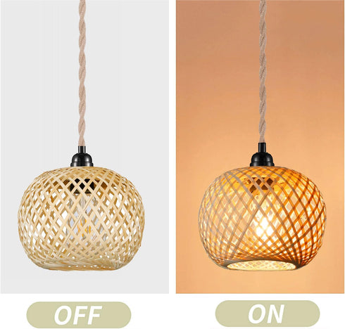 EcoGehen 15ft Boho Plug in Pendant Light Wicker Rattan Hanging Lights with Hemp Rope Cord MINI Bamboo Lampshade Wall