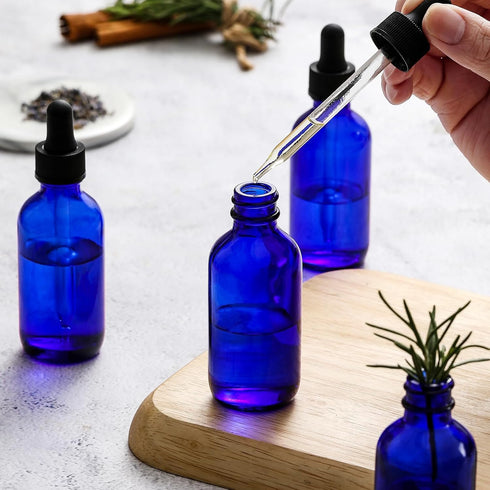 AOZITA 4 Pack 2 oz Dropper Bottles with 1 Funnel & 4 Labels - Thick Dark Blue Glass Tincture Bottles with Eye Droppers