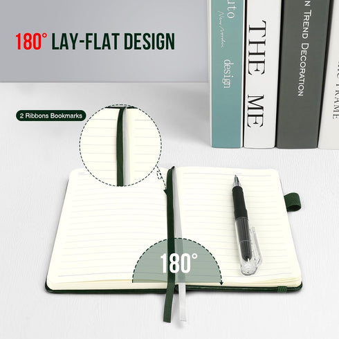 Small College Ruled Notebook, 3 Pack (Green) 3.7x5.7 in Mini Hardcover Journaling Notebooks with Pens
