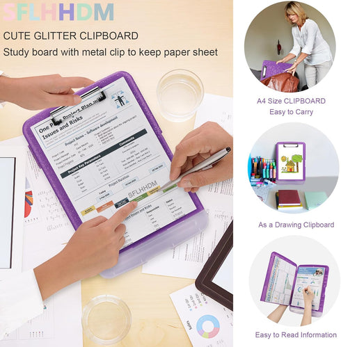 Glitter Clipboard with Storage, A4 Binder Clip Boards 8.5x11 with Pen Holder, Side Opening Sparkle Clipboards for Office