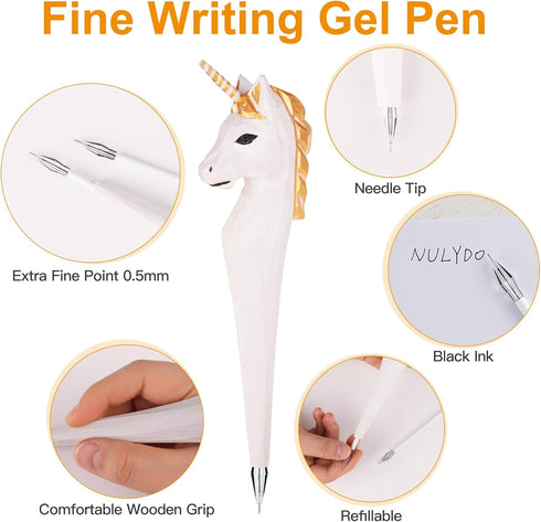 Unicorn Pen, 100% Handmade Wood Carved Animal Gel Pen, Cute Gift Ideas for Kids, Girls, Boys, Writing Supplies