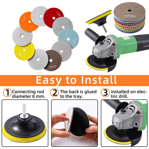 XKDOUS 13 Packs 4" Diamond Polishing Pads with Backer Pad, 50-8000 Grit Wet/Dry Polish Kit for Drill