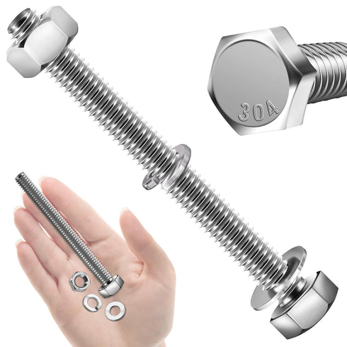 (10 Sets) 1/4-20x3" Hex Head Stainless Steel Bolts and Nuts with Flat & Lock Washers, 304 Stainless Steel 18-8, Fully