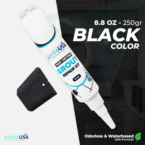 PentaUSA Tile Grout Repair Kit, Black Grout Filler, Fast Drying Formula with Grout Float (Black, 8.8oz / 250gr)