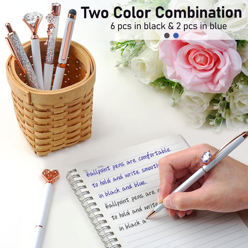 WEMATE 8Pcs Ballpoint Pens Set, Metal Crystal Diamond Glitter Pens for Journaling, White Pen Bling in Black & Blue Ink,