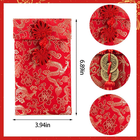 Hying 4 PCS Silk Red Envelope Chinese HongBao Card Envelopes Lucky Money Red Pockets Chinese Red Gift Card Envelopes Gift Wrap Bags with Knot/Copper Coins for 2023 New Year, Spring Festival, Wedding by Hying