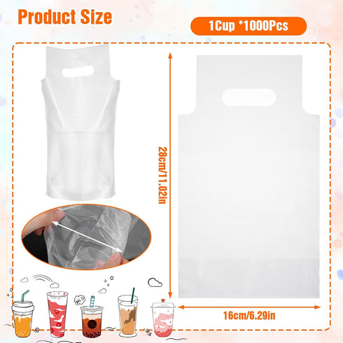 PercyEffie 1000 6" 11" PCS Drink Carrier for Delivery, Bulk Clear Plastic Cup Bag with Handle, Portable Coffee