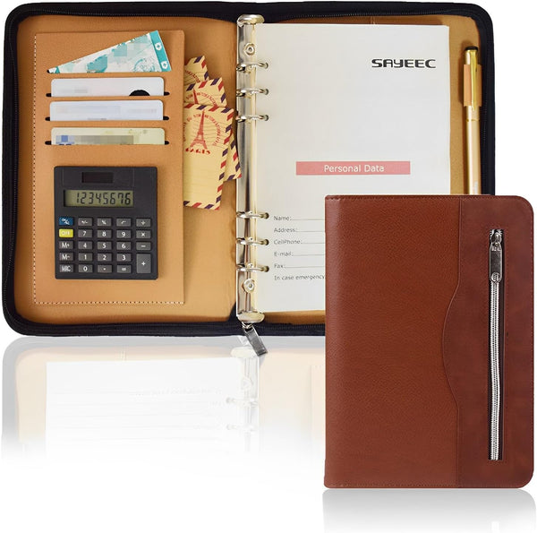 SAYEEC A5 Multifunctional Zippered Notebook Portable Travel Portfolio, 6-Ring Binder Meeting Padfolio Folder with