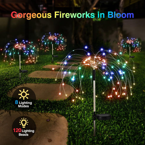 120 8 4 Pack Lewondr Firework Solar Garden Lights, LED Solar Firework Lights with Lighting Modes, Waterproof Sparkler