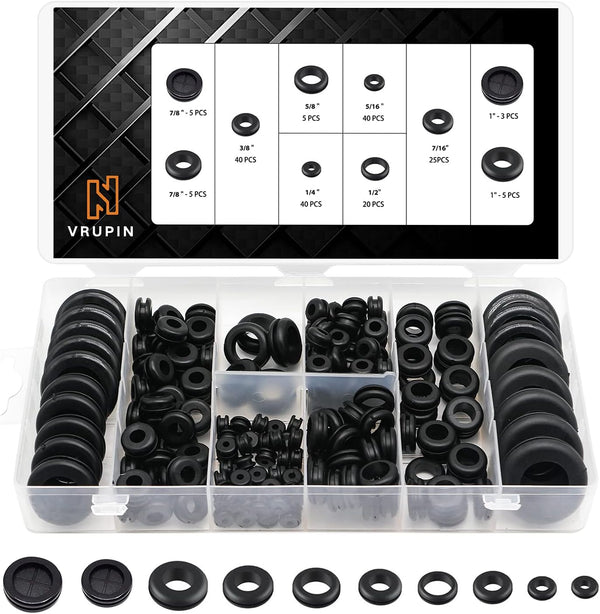 Vrupin 188 Pcs Rubber Grommets Kit - Rubber Washers for Wiring, 10 Different Sizes