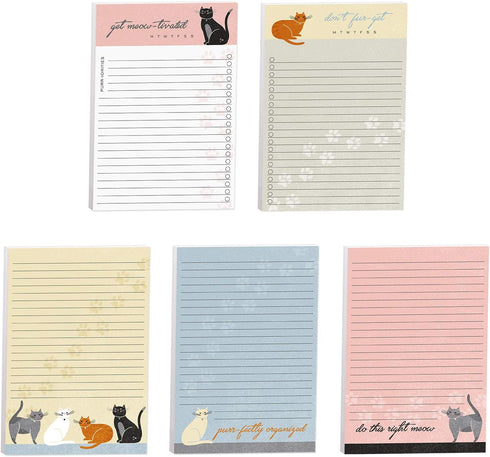 Cat Puns Daily Notepads Set, 4" x 6" Sticky Note Fill in Priority Lists, Five Unique Feline Designs