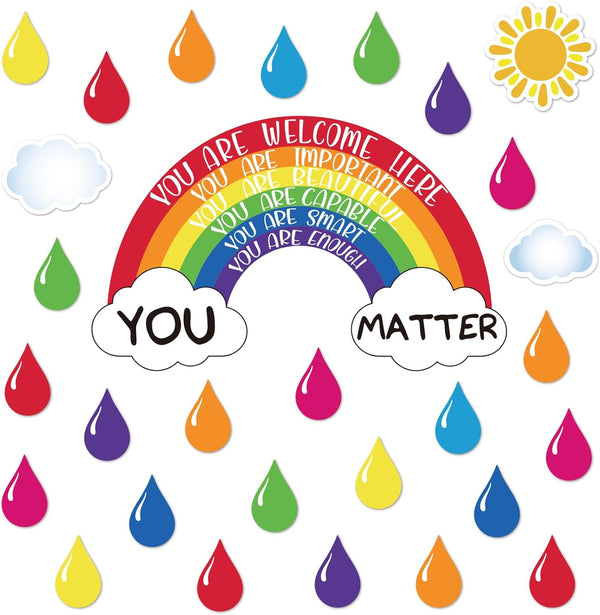 Whaline 54Pcs Rainbow Bulletin Board Decorations, Motivational Quotes Colorful Raindrop Sun Cloud Shape Cutouts for