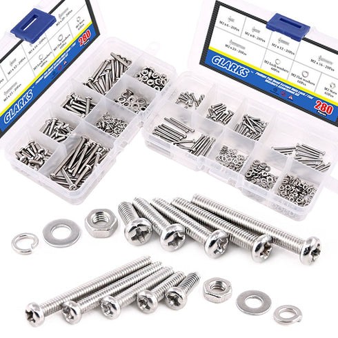 Glarks 560Pcs M2 M3 Phillips Pan Head Stainless Steel Screws Bolts Nuts Lock and Flat Washers Assortment Kit