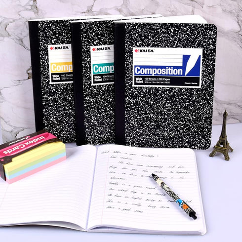 KAISA Composition Notebooks, 4 Pack, Wide Ruled, 9-3/4" x 7-1/2", Black Marble Covers, 100 Sheets