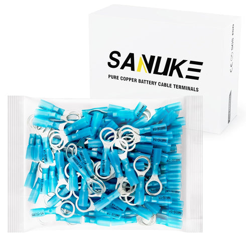 Sanuke 16-14 AWG - 3/8" Heat Shrink Ring Terminals, Tinned-Copper Marine Grade Waterproof Wire Connectors