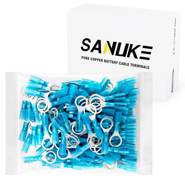 Sanuke 16-14 AWG - 3/8" Heat Shrink Ring Terminals, Tinned-Copper Marine Grade Waterproof Wire Connectors