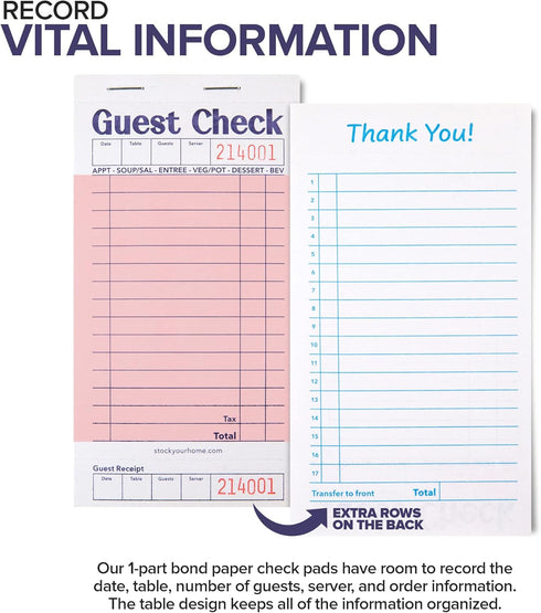 (20 Pack) 1000 Stock Your Home Pink Guest Check Books for Servers Server Note Pads, Waiter Checkbook, Food Receipt
