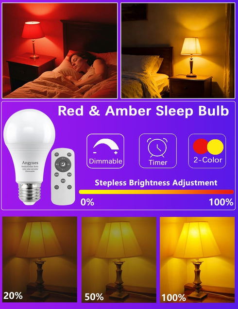 Bulb 660nm 1800K 10W A19 Bulb, E26 2Pack Red and Amber Sleep with Remote Control Choose Red Light or Amberlight,Timer