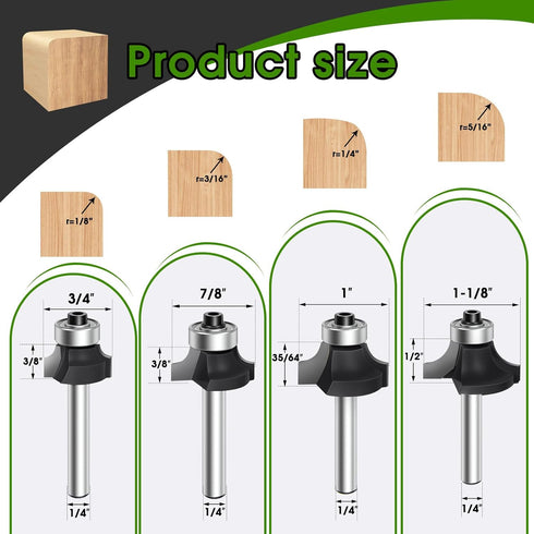 4PCS Set 1/8",1/4",3/16",5/16",Feanron 1/4 inch Set, Router Bits Router Bit ,Cutting Diameter in Black Shank Router Bit