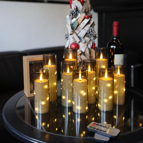 Set 12 Da by Flameless Candles with Recessed String Light, Battery Operated Candles, Acrylic LED Pillar Candles
