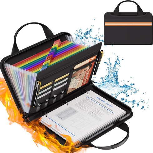 Fireproof Accordion File Organizer with Binder, 13 Pocket Expanding Folder, Portable Travel Safe Storage