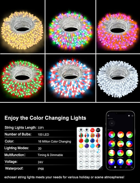 100 33Ft echosari Christmas String Lights, LED Smart String Lights Millions Color Changing with App, Music Sync