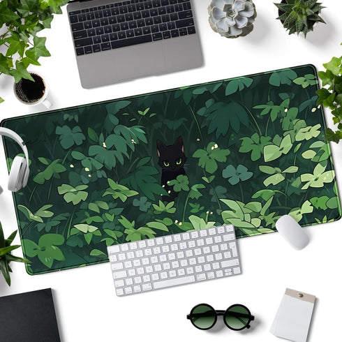 Black Cat Desk Mouse Pad - Green Plants Desk Mat, Anime Large Gaming Mouse Pad XL for Office Supplies, Long Laptop