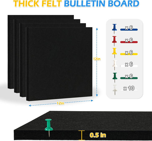 DOLLAR BOSS Felt Cork Board Tiles, 4 Packs 12" x 12" 1/2" Thick Self-Adhesive Acoustic Panels with 40 Pushpins