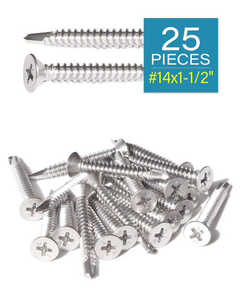 25pcs #14 x 1-1/2" Stainless Flat Head Phillips Self Drilling Screws, 410 Stainless Steel Full Thread Sheet Metal Tek Wood to Metal Screws