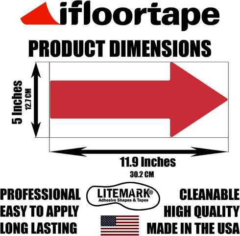 LiteMark Removable Red Arrows, Large Size Arrow Sticker, 12 Inch Pack of 6 for Safety