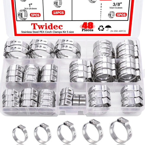 Twidec 48PCS PEX Cinch Clamps Kit, 5 Sizes, Stainless Steel Crimp Rings, Single Ear Hose Clamps for Pipe Fitting