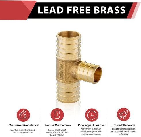 EFIELD 1" x 1"x 3/4" Barb Crimp Pex Reducing Tee Brass Fittings, Pack of 3, ASTM F1807