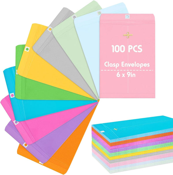Geyee 100 Pcs 6 x 9 inch Clasp Envelopes, Manilla Gummed Mailing Envelopes for Home Office Business