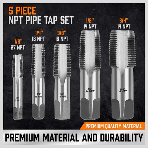 HORUSDY 5-Piece NPT Pipe Tap Set, Includes Sizes 1/8", 1/4", 3/8", 1/2", and 3/4"