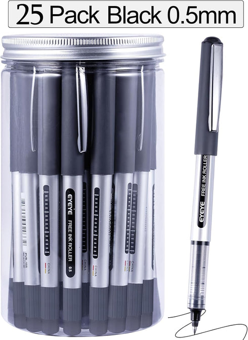 Bullet Tip Rollerball Pens 25 Pack, Black Liquid Ink, Fine Point 0.5mm, Quick Drying for Writing Journaling School