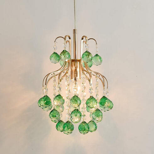 Stylish Mini Crystal Chandelier with Golden Finish and Green Shade