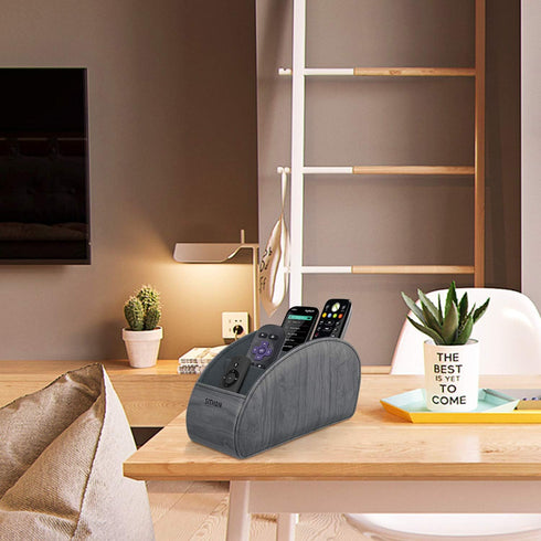 SITHON PU Leather Remote Control Holder with 5 Compartments, Desktop Organizer for TV, DVD, Media Player, Woodgrain Gray