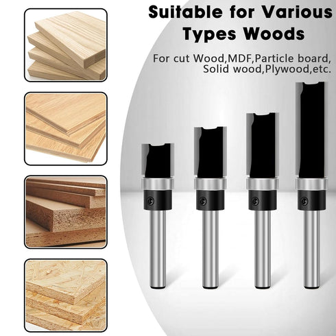 4 Set 1/4 Inch Trimming Pcs Flush Trim Router Bit Shank, Carbide Tipped Straight Cut Pattern Router Bits Bottom