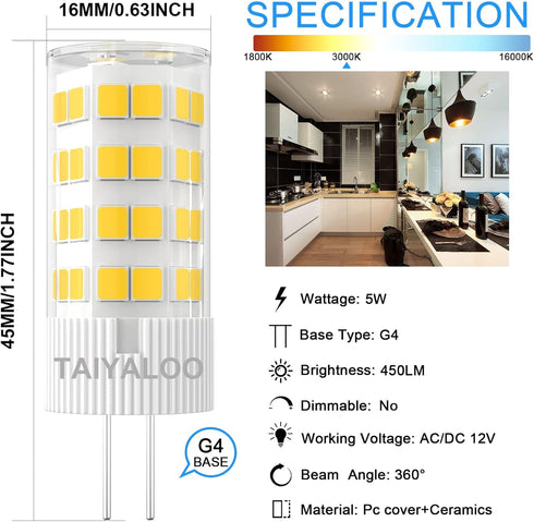 G4 LED Bulb 12V AC/DC 5W Warm White 3000K Equivalent to 40W Halogen Bulb, T3 JC Type Bi-Pin Base for Outdoor Landscape