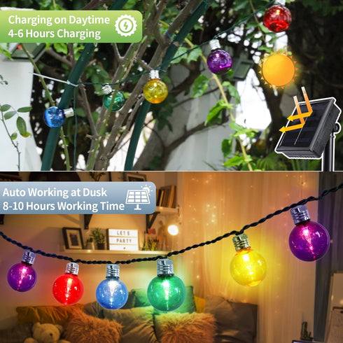 2 Pack 7Ft 15 Bulbs, Vigdur Solar String Lights Outdoor, Globe Multicolor String Lights with Plastic Shatterproof LED