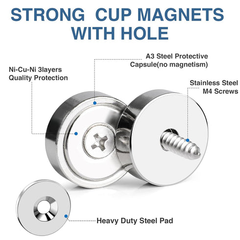 MIKEDE Magnets with Hole, 40LB Strong Rare Earth Magnets for Wall Mounting, Neodymium Cup Magnets, 10 Pack