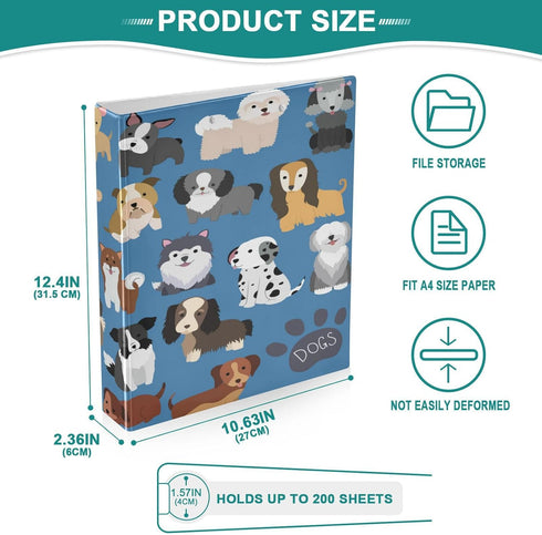 Cute Dog 3 Round Ring Binders, Waterproof Basic Binders with 3 Interior PVC Pockets, Holds 200 Sheets