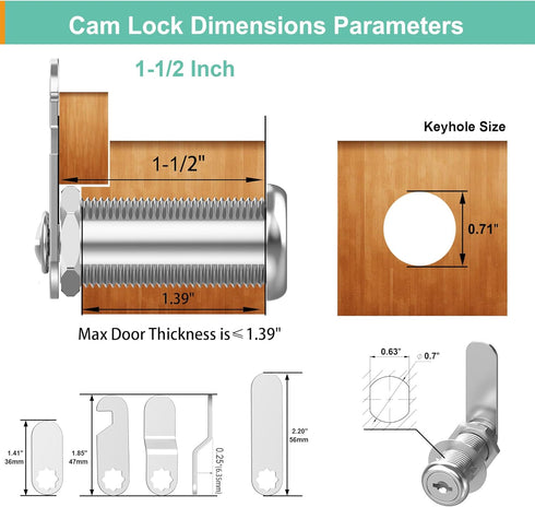 3 Pcs Cabinet Locks with Keys, 1-1/2'' Cam Lock Keyed Alike Fit 1-3/8'' Max Panel, Mailbox Lock with Keys Secure Drawer RV Storage Locks, Zinc Alloy