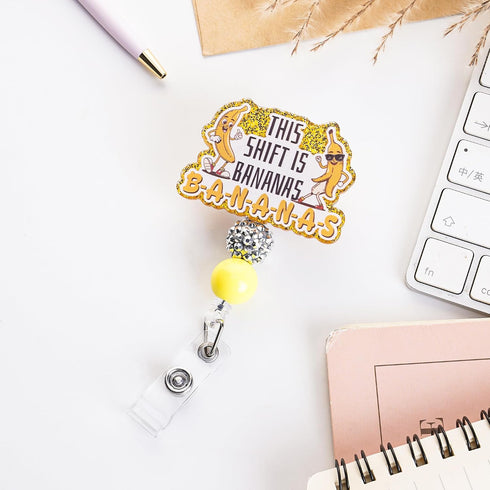This Shift is Bananas Funny Name Badge Reel for Hospital Nurses, Acrylic Glitter Retractable ID Card Badge Holder