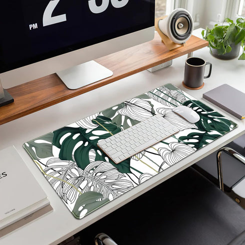 Desk Mat Green Plant Leaf, Large Mouse Pad for Women Office Decor, XXL Mousepad 31.5''X15.7'' Non-Slip Rubber Base