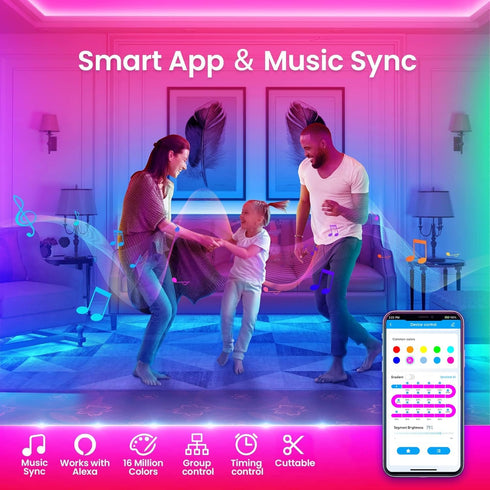 200ft TJOY Smart Led Strip Lights for Bedroom, Compatible with Alexa and Google Assistant, RGB Color Changing Music